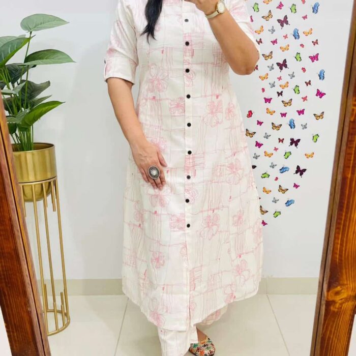 Premium Cotton Pink Color Printed Kurta Pant Set