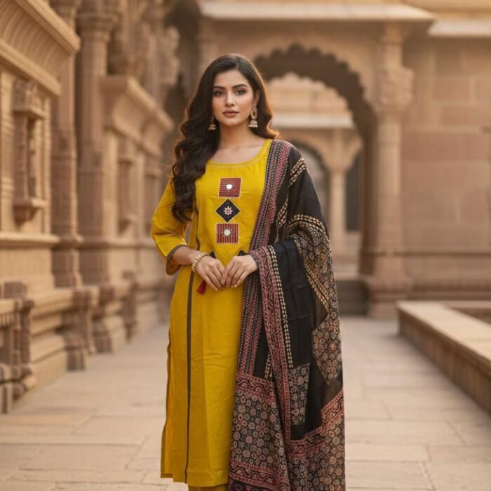 Luxe Posh Kurta Pant Dupatta Set with Unique Embroidery Design