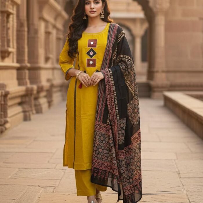 Luxe Posh Kurta Pant Dupatta Set with Unique Embroidery Design