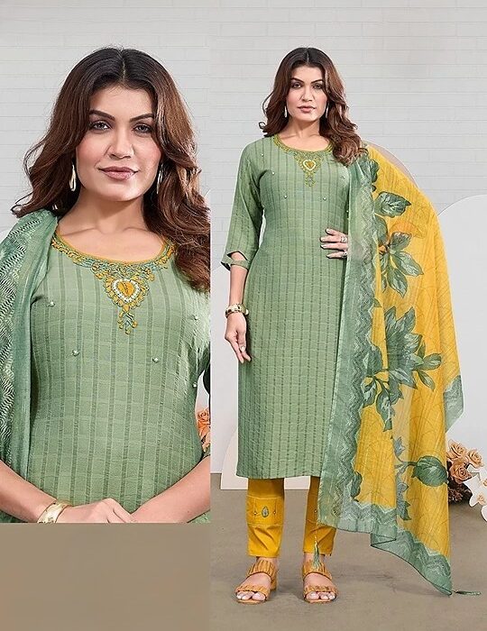 Luxe Posh Green Kurta Pant Dupatta Set with Unique Embroidery Design