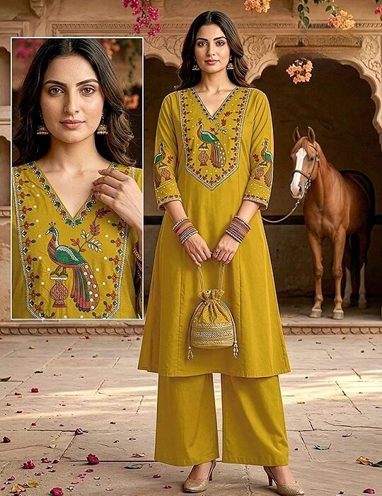 Premium Posh Look Kurta Pant Set with Unique Embroidery Design