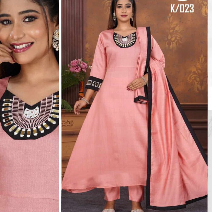 Luxe Posh Premium Pink Color Kurta Pant Dupatta Set with Unique Embroidery Design