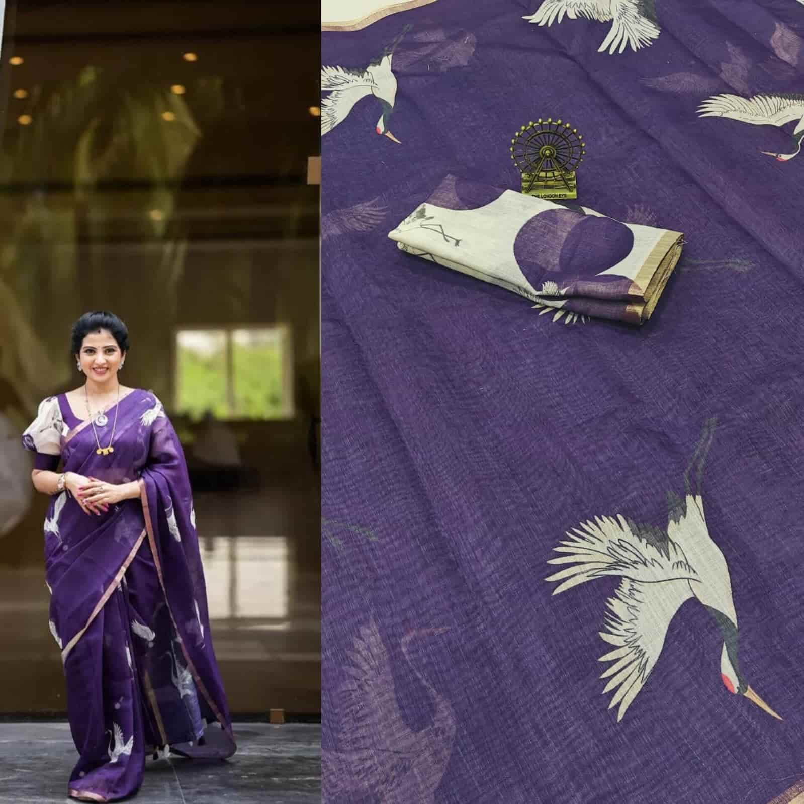Premium Look Very Soft Light Weight Linen Cotton Saree with Contrast Blouse