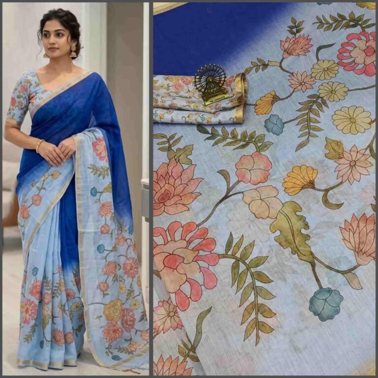 Premium Look Very Soft Light Weight Linen Cotton Saree with Contrast Blouse