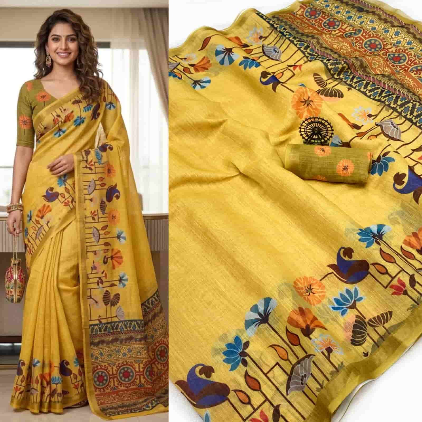 Premium Look Very Soft Light Weight Linen Cotton Saree with Contrast Blouse
