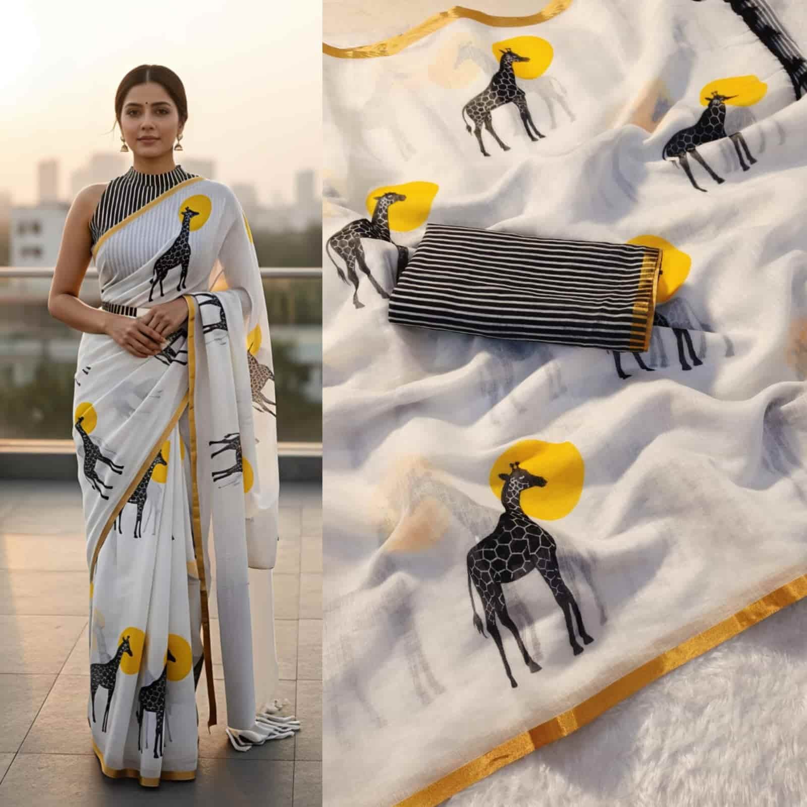Premium Look Very Soft Light Weight Linen Cotton Saree with Contrast Blouse