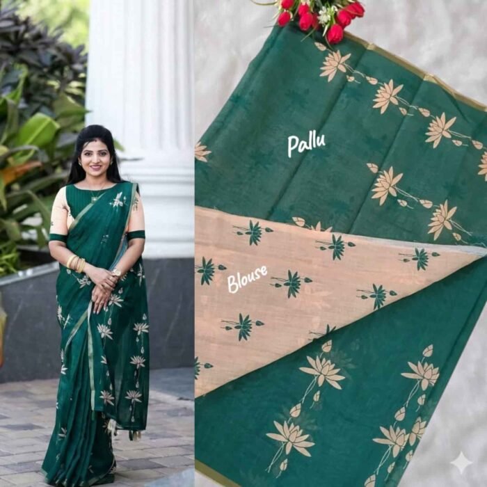 Premium Look Very Soft Light Weight Linen Cotton Saree with Contrast Blouse