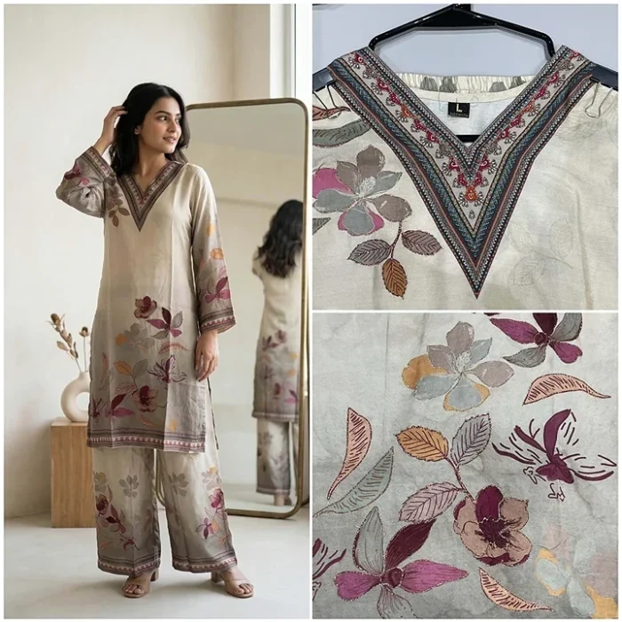 Floral Bloom Hand Work "Pure Viscose Muslin" Premium Cordset
