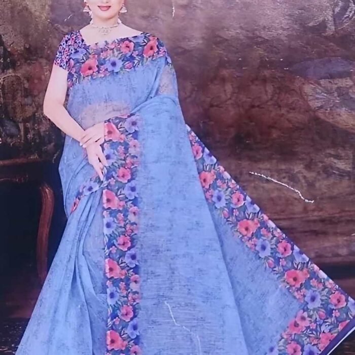Premium Look Very Soft Light Weight Linen Cotton Saree with Contrast Blouse