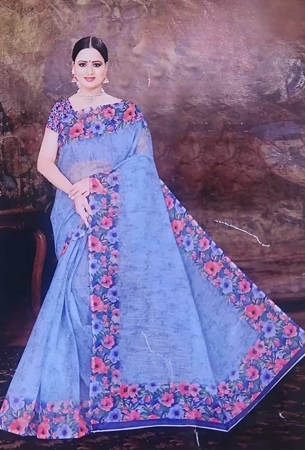 Premium Look Very Soft Light Weight Linen Cotton Saree with Contrast Blouse