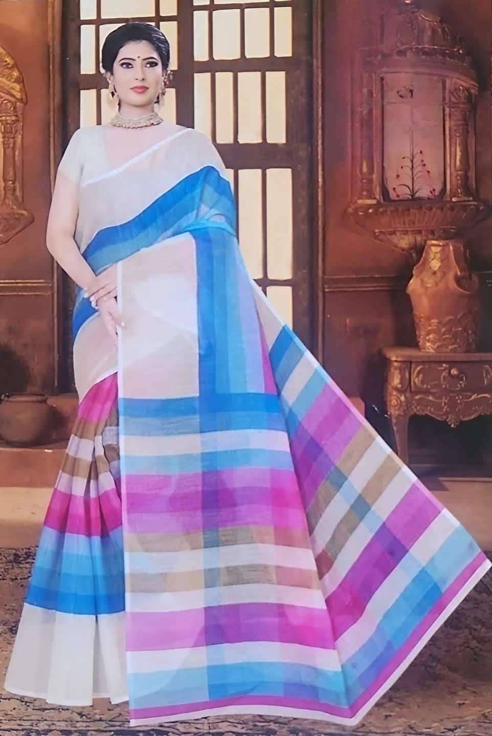 Premium Look Very Soft Light Weight Linen Cotton Saree with Contrast Blouse